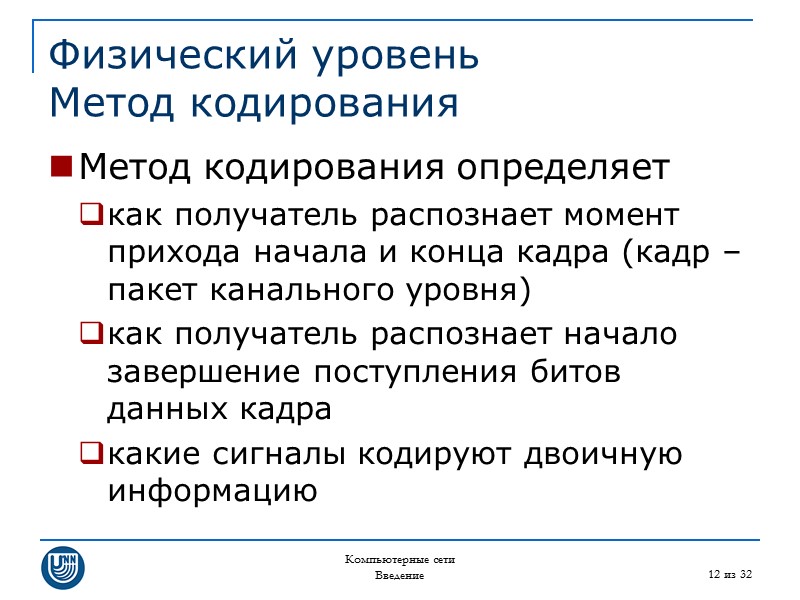 Компьютерные сети Введение 12 из 32 Физический уровень Метод кодирования Метод кодирования определяет как